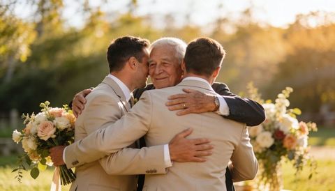 Groom and groomsmen embracing elderly father, holding bouquet, sunlit outdoor wedding moment