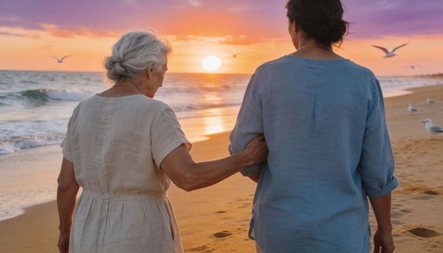 Older woman and adult daughter walking arm in arm on beach at sunset, golden hour warmth