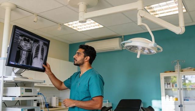 Doctor in teal scrubs reviewing chest and dental x-rays on monitor in modern clinic