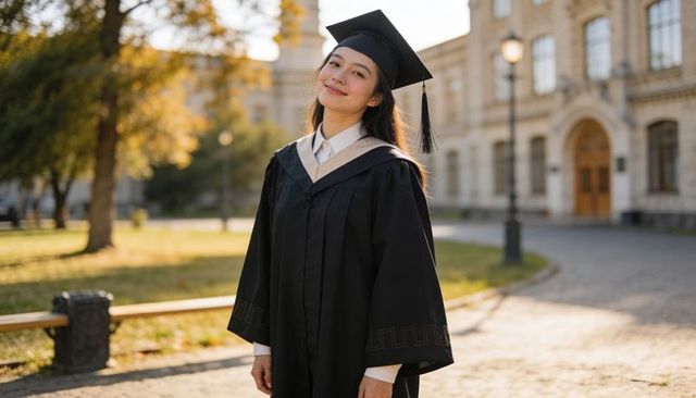 Young female graduate smiling in cap and gown on historic university lawn at golden hour