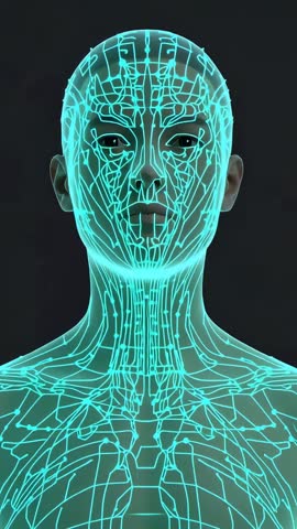Vertical CGI Portrait Mapping Turquoise Circuit Network Across Human Bust Futuristic Tech