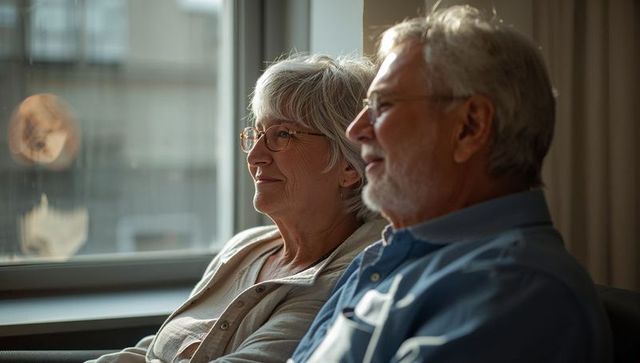 Senior couple sitting on sofa gazing out window bathed in warm natural light