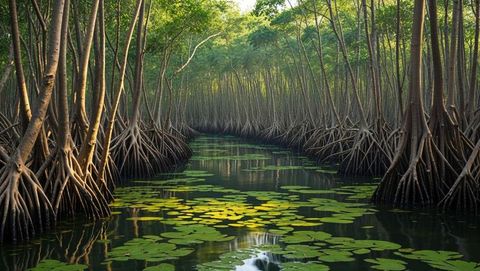Serene mangrove swamp with floating lily pads along bay of bengal