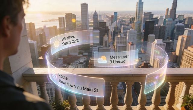 Futuristic augmented reality holographic hud ring displaying weather messages and route