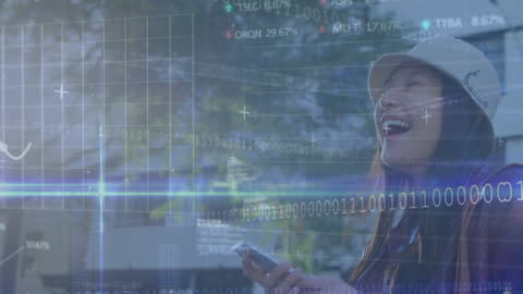 Smiling Woman Engaging with Digital Financial Data Display