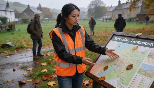Asian volunteer guide pointing at map on signboard in rainy village green with high-visibility vest
