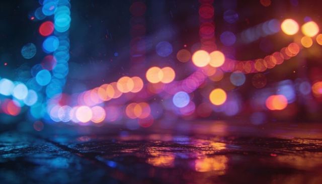 Neon bokeh reflecting on wet pavement at night, colorful urban light reflections