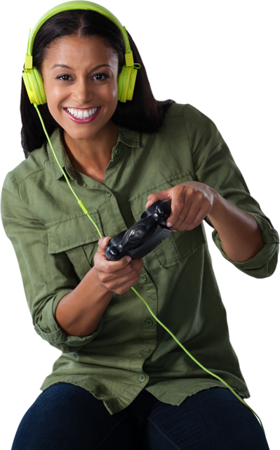 Smiling African American Woman Wearing Neon Headphones Playing Video Game on Transparent Background - Download Free Stock Videos Pikwizard.com