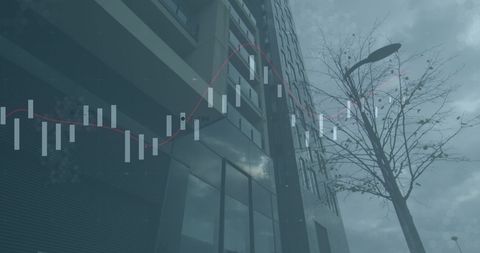 Digital finance concept overlaying modern office building