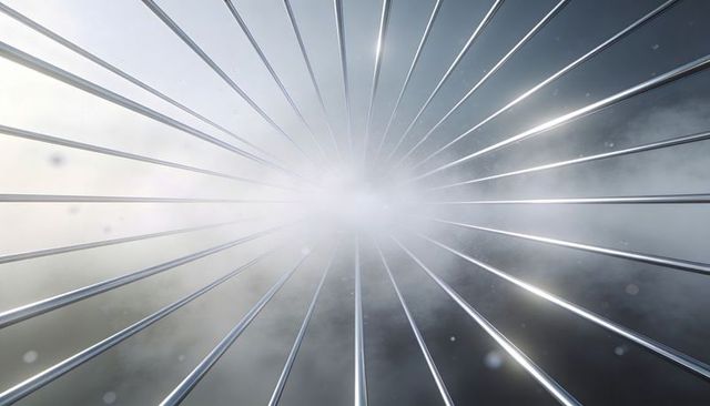 Radiant chrome tunnel of converging metal rods radiating toward central light