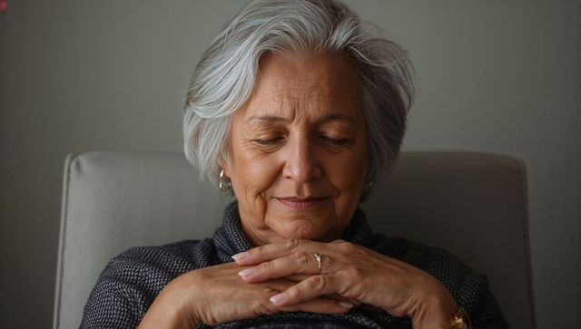 Senior woman resting in chair wearing wedding ring and watch, serene closeup portrait