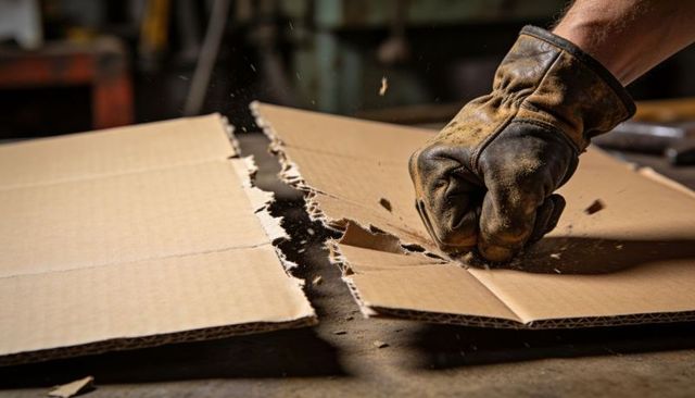 Tearing Corrugated Cardboard with Gloved Hand on Workshop Bench, Industrial Packaging