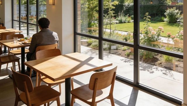 Sunlit minimalist cafe with man sitting by garden window enjoying lunch at wooden table