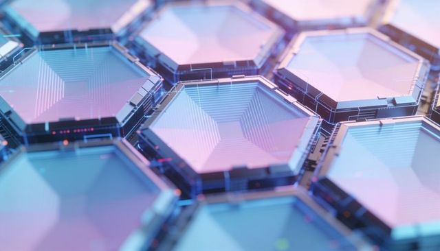 Glowing futuristic hexagonal circuit pods reflecting pastel neon light with holographic sheen