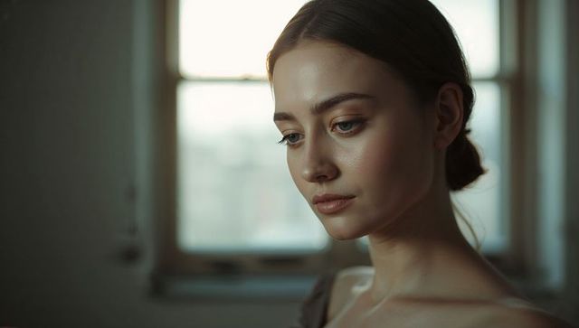 Contemplative young woman gazing beside backlit window with bun and off-shoulder top