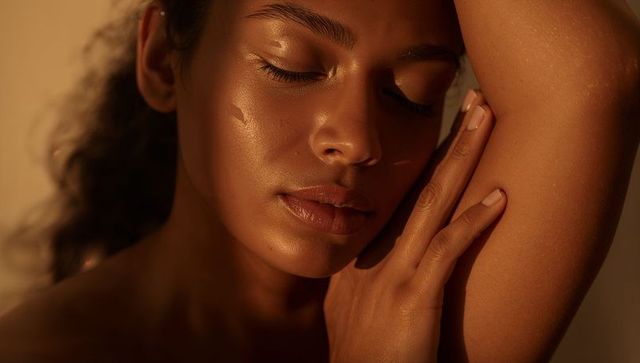 Sunlit golden-glow beauty portrait of woman with oiled skin, closed eyes, intimate skincare ad