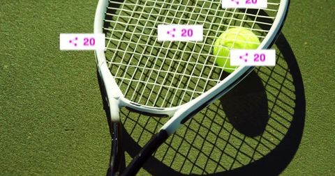 Tennis Racket and Ball on Outdoor Court with Digital Network Overlay