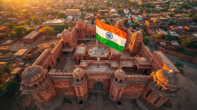 Golden hour sunlit red sandstone fort with giant indian tricolor flag flying over citadel