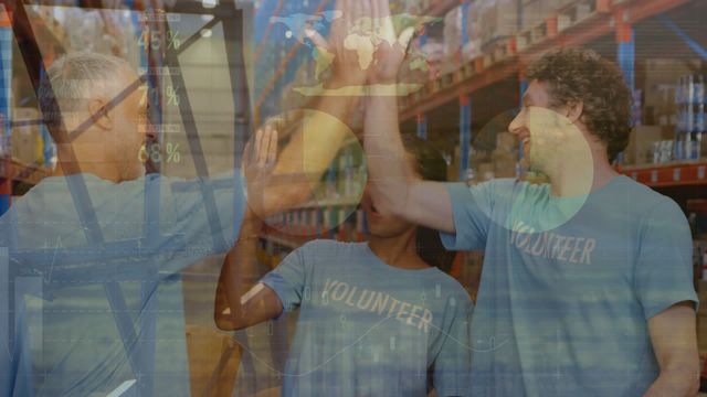 Volunteers in blue shirts are celebrating with high-fives in a warehouse. Financial data, such as charts and percentages, is overlaid on the video. This can be used to represent multiple themes like community service, teamwork in logistics, and the intersection of human work with financial performance. Ideal for articles on volunteerism impact, logistics, global shipping operations, and financial analysis in business contexts.