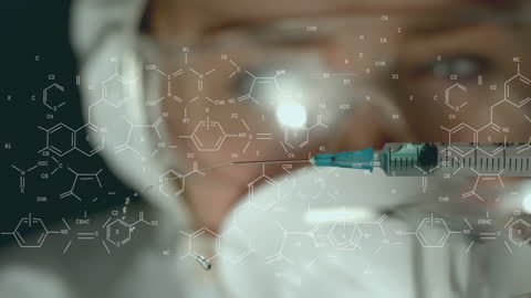 Scientist Examining Syringe Against Virtual Chemical Formulas