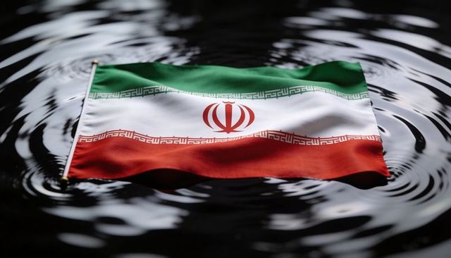 Floating iranian flag rippling on dark water with central emblem and reflective ripples
