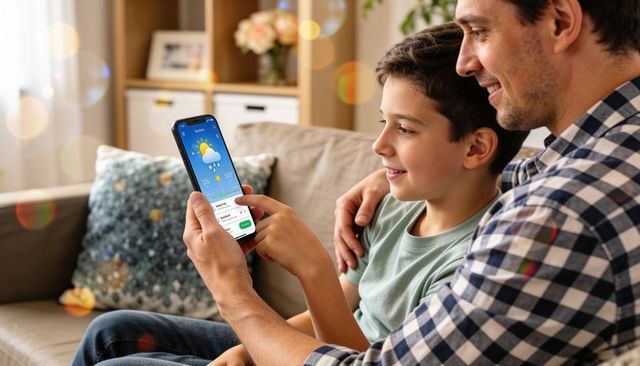Father and son checking weather app on smartphone while cuddling on couch in cozy home