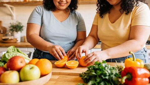 Hispanic women preparing fresh oranges together on kitchen counter with colorful produce