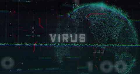 Futuristic cyber virus dashboard displaying digital point-cloud globe with waveform HUD