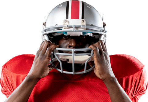Transparent african american football player fastening helmet