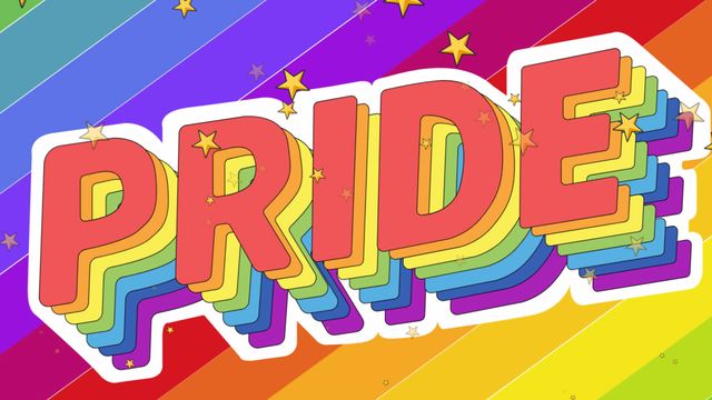 A bold and colorful representation of the word 'PRIDE' set against a vibrant rainbow backdrop with stars. This design celebrates LGBTQ pride, diversity, and inclusion. Ideal for use in campaigns, educational materials, social media, or events promoting human rights and equality.