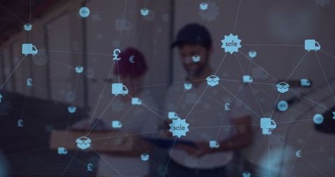 Digital interface overlay on delivery professionals, logistic innovation concept