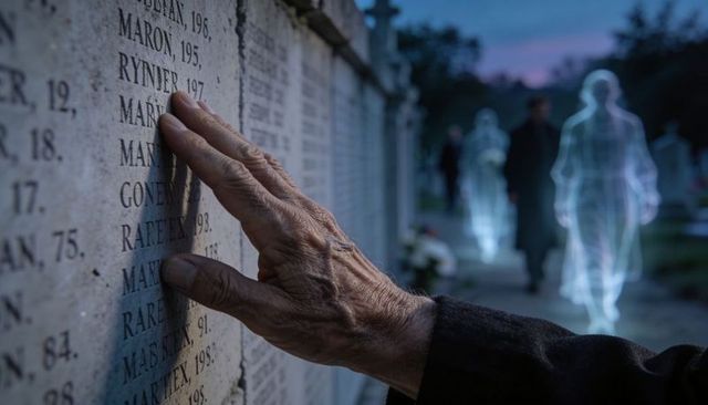 Elderly hand tracing engraved war memorial names at dusk with ghostly silhouettes walking