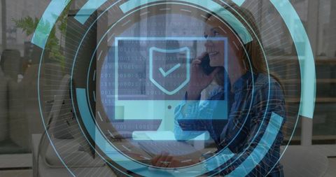 Woman Using Technology for Cybersecurity Communication in Office