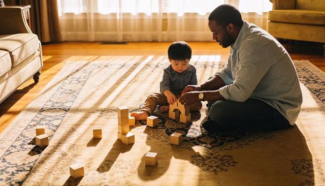 Father building wooden block tower with toddler in sunlit living room during playtime