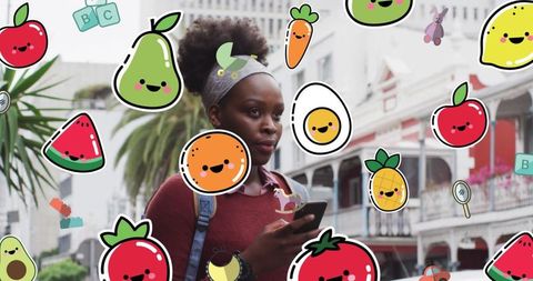 Playful Food and Toys Icons Overlay with Woman Using Smartphone Outdoors