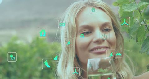 Ecology and Technology with Woman Enjoying Wine in Vineyard