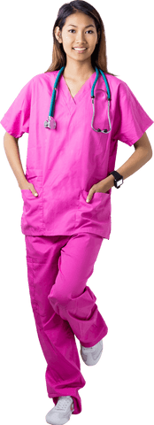 Transparent Asian Nurse in Pink Scrubs with Stethoscope