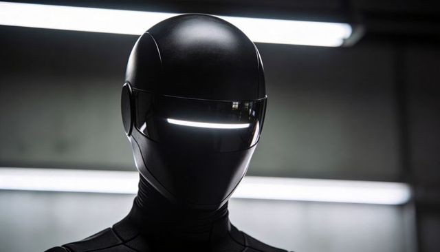 Stealth black humanoid robot with led visor wearing fitted tactical exosuit in studio
