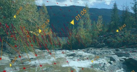 Mountain valley rapids with digital overlay for modern adventure