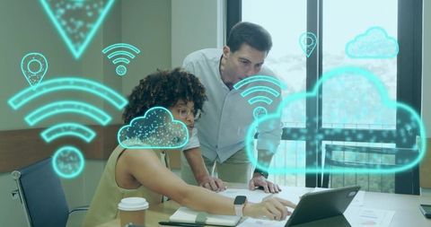 Team analyzing cloud computing concepts with futuristic ui