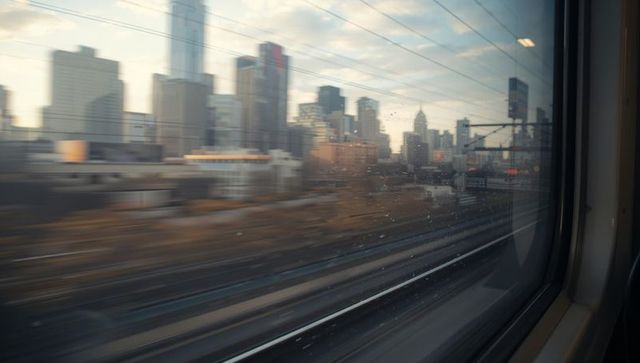 Rain-specked train window capturing motion-blurred city skyline and passing tracks at dusk
