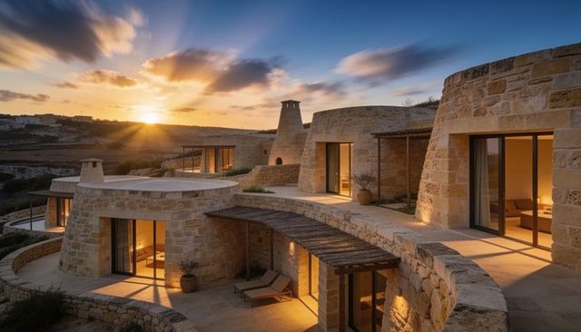 Sunset glow over stone villas with terraced patios and sliding glass doors