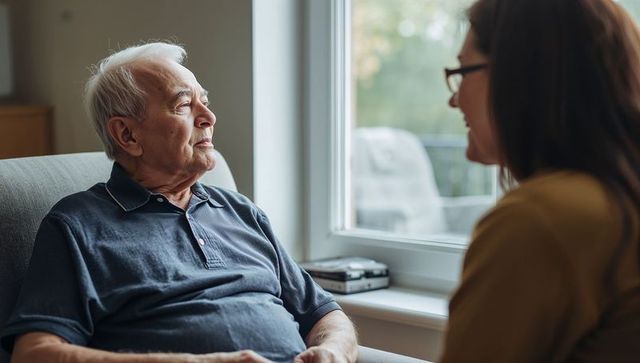 Senior man gazing out window while caregiver listens, elder companionship and home care