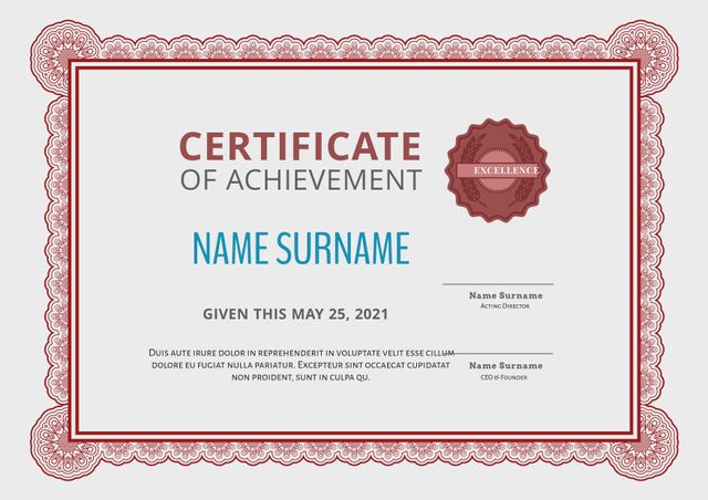 Elegant certificate template featuring a decorative border and professional design for both educational awards and corporate achievements. Ideal for schools, universities, companies, and organizations looking to recognize excellence and accomplishment. Personalized with date and names, it is easy to customize for any formal recognition.