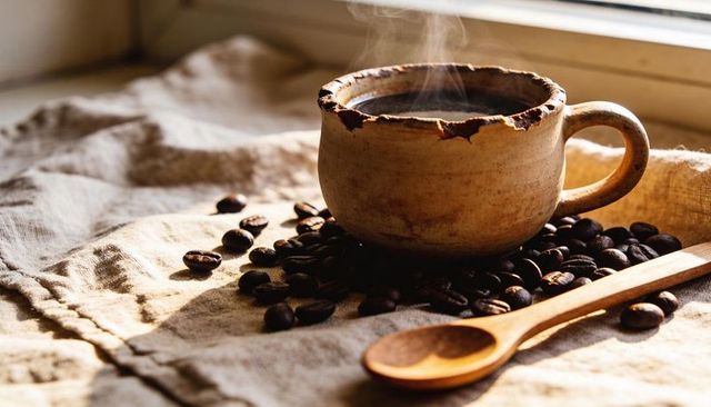 Rustic steaming chipped ceramic mug with coffee beans and wooden spoon by window
