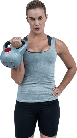 Strong woman lifting kettlebell with transparent background