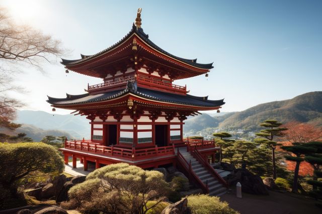 Japanese temple with oriental pattern over mountains and sky, created using generative ai technology. Architecture, culture, religion and tradition concept digitally generated image.