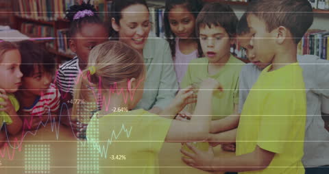 Digital Data Animation Over Group of Young Students with Teacher