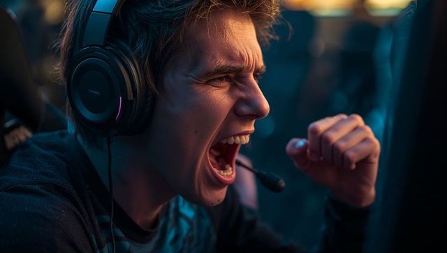 Focused teen male gamer in esports arena, shouting into mic