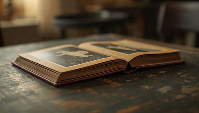 Resting open vintage hardcover book with yellowed pages and black-and-white illustrations